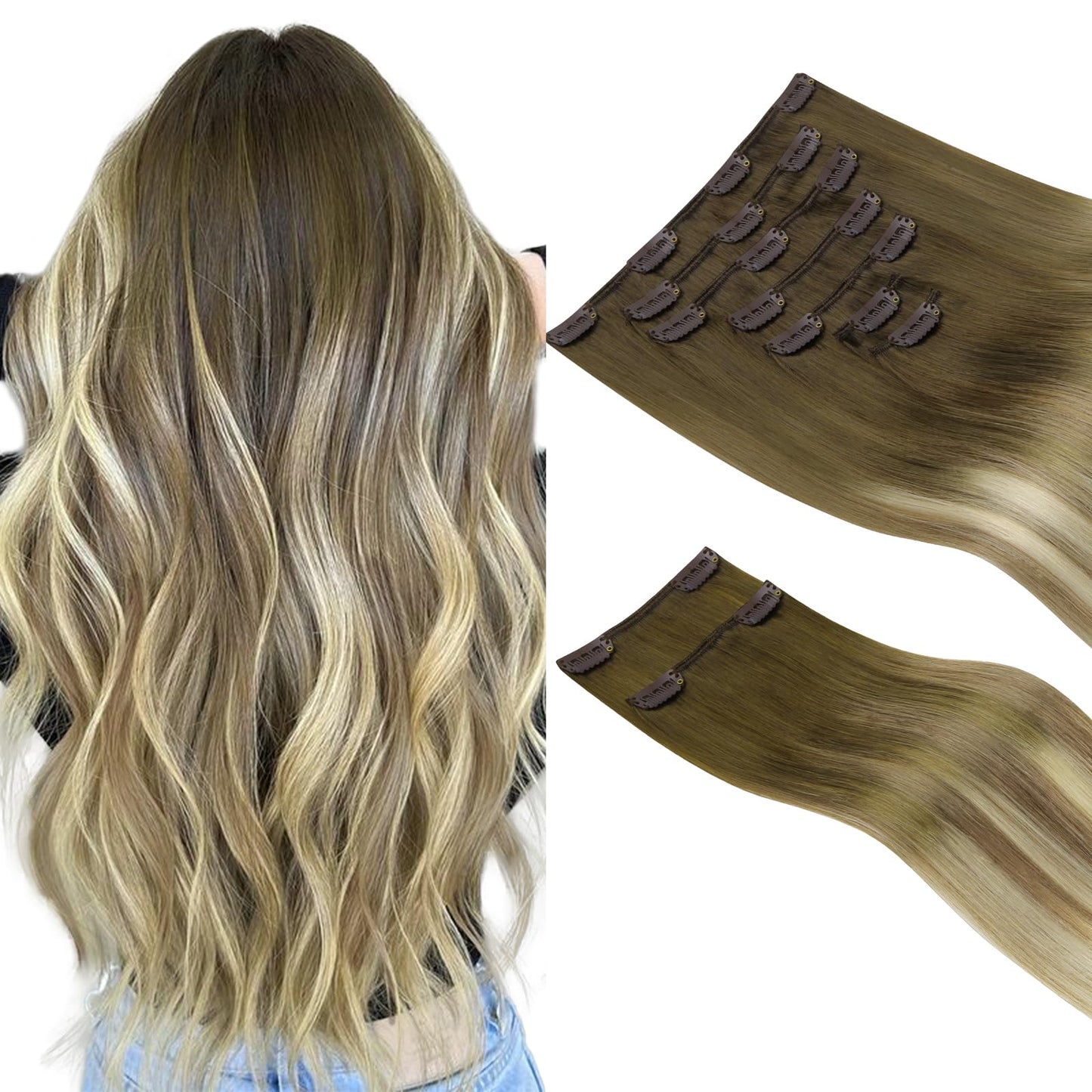 Hotbanana Clip In Hair Extensions Real Human Hair 140G 9Pcs 20 Inch Walnut Brown To Ash Brown And Bleach Blonde Clip In Human Ha