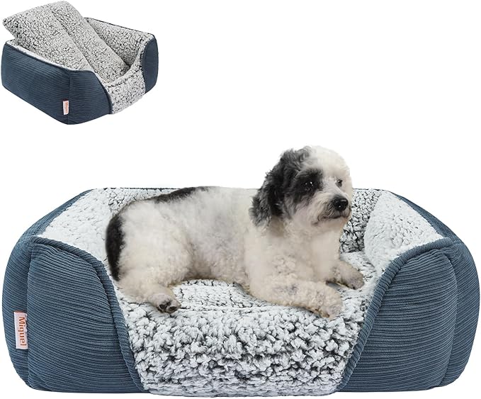 Miguel Washable Dog Bed for Medium Small Dogs, Calming Cuddle Cat Sofa Bed with High Sides, Rectangle Cat Beds for Indoor Cats Dog Bed with Anti-Slip Bottom, Blue 25 Inch
