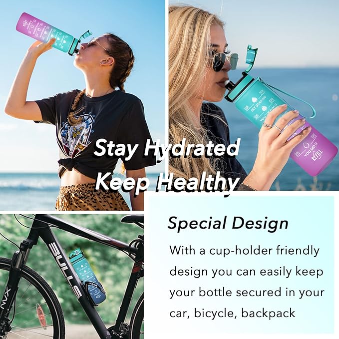 Enerbone Water Bottle, Leakproof BPA & Toxic Free, Motivational Water Bottle with Times to Drink and Straw, Fitness Sports Water Bottle with Strap for Office, Gym, Outdoor Sports