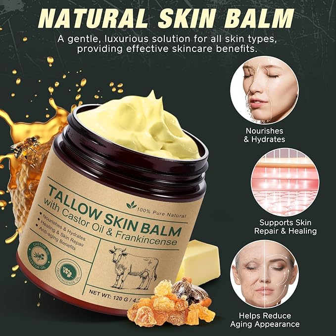 Beef Tallow Skin Care with Castor Oi & Frankincenses, Grass Fed Whipped Tallow Honey Balm for Face & Body, Natural Moisturizer Hydrates, Deeply Nourishes, Enhances Natural Radiance