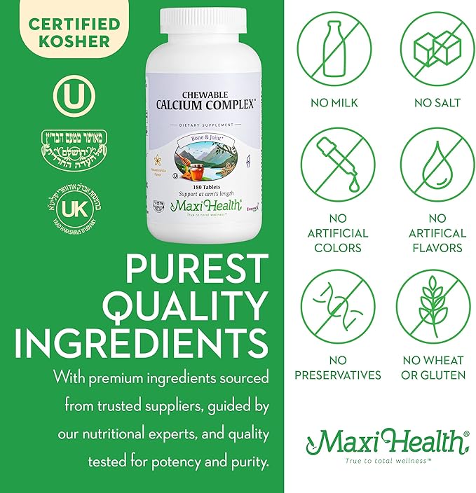 Maxi Health Chewable Calcium Complex - Support Healthy Bones - Vanilla Flavor - 180 Chewies - Kosher