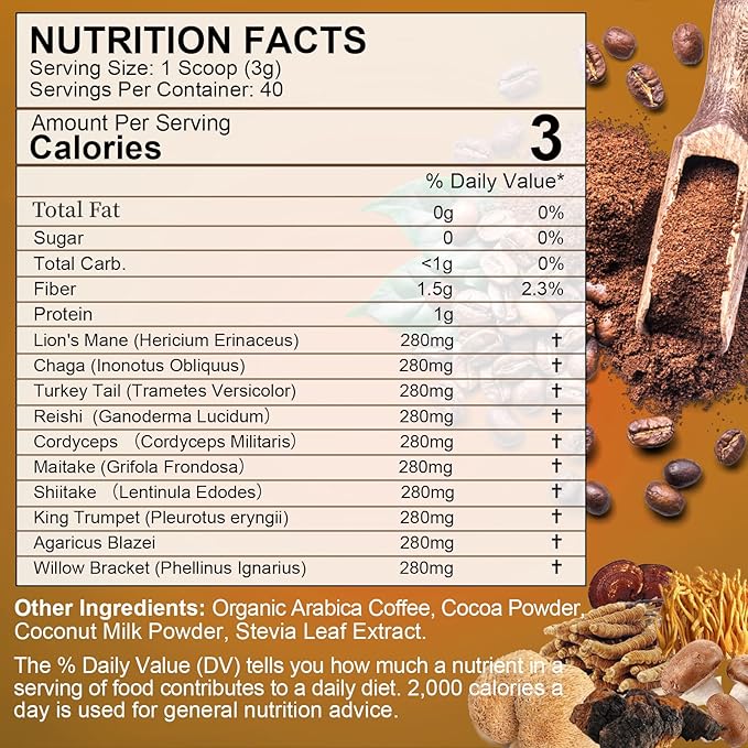 Mushroom Coffee - Lions Mane Mushroom Powder Instant Coffee with Lion's Mane, Reishi, Chaga, Cordyceps, and Turkey Tail - Mushroom Coffee Alternative for Energy, Mental Clarity & Focus, Brain Booster