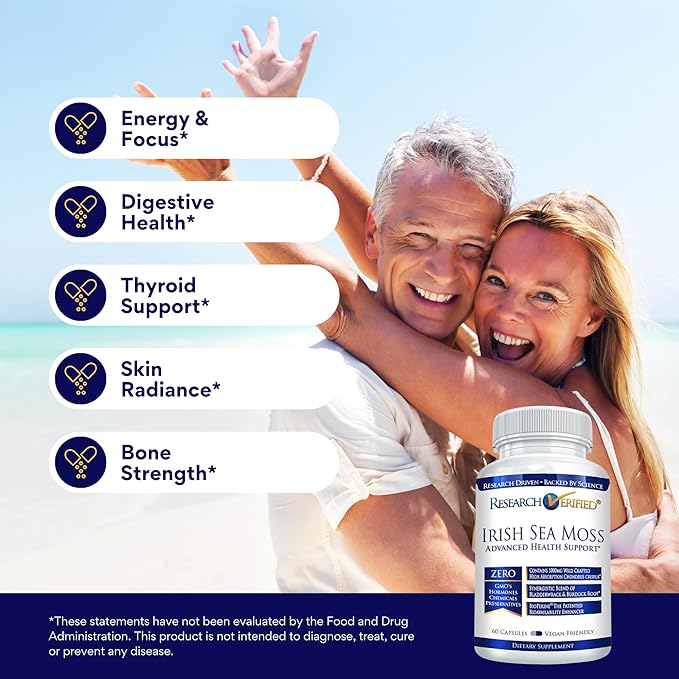 Research Verified Irish Sea Moss - Bladderwrack, Burdock, BioPerine - Rich in Prebiotics - Boost Immunity, Aid Digestion - 60 Capsules - Vegan - Made in The USA