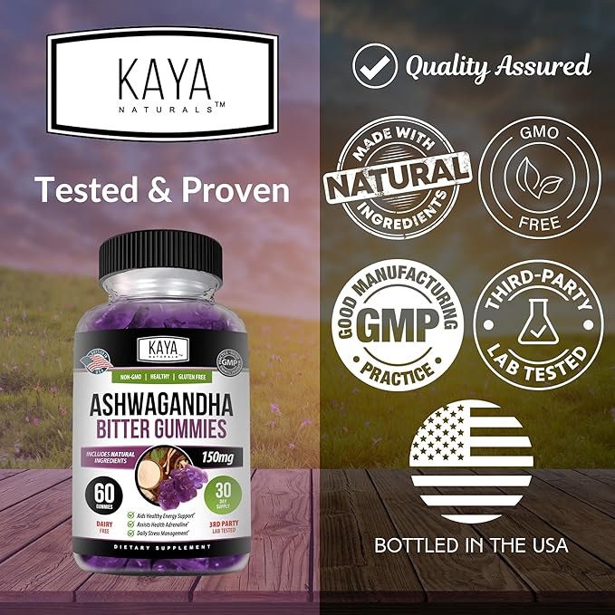 Kaya Naturals Ashwagandha Bitter Gummies - Natural Stress Relief, Boost Energy & Mental Clarity, Non-GMO, Gluten-Free, Chewable Gummies - 60 Count