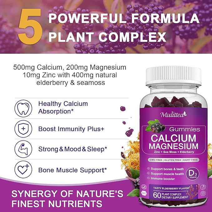 Calcium Magnesium Zinc Gummies with High Absorption Magnesium Glycinate 200mg, Potassium -Plant Calcium Supplement w/ D3 & Sea Moss for Bone, Muscles, Calm Mood & Sleep Support- Kids & adults (2 Pack)