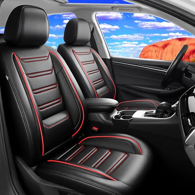 Fit Blazer Car Seat Covers (Front Pair) for Select Chevrolet/Chevy Blazer 2019-2026 - Premium Full Coverage Leather, Airbag Compatible, Waterproof All Weather Seat Cushion Protector, Red Trim
