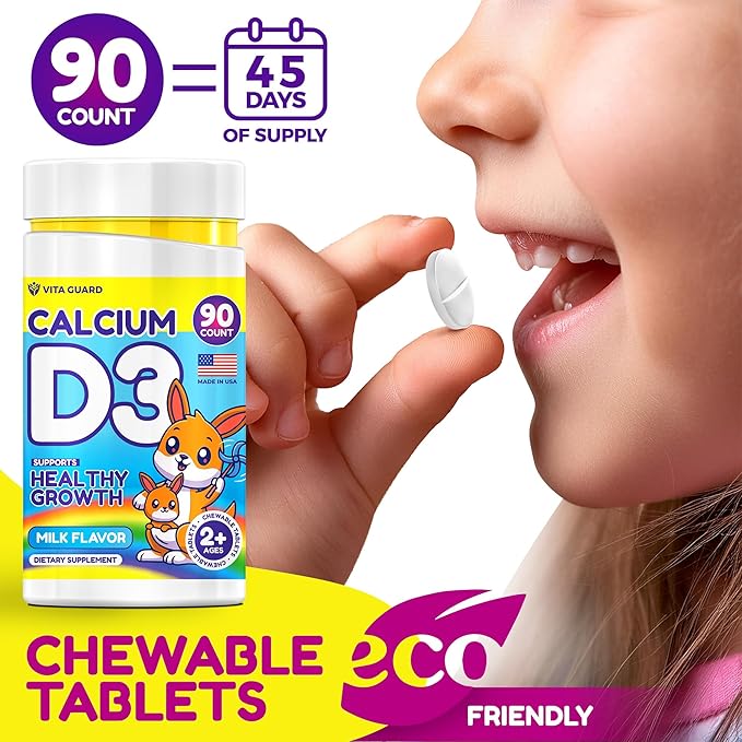 Calcium D3 Chewable Tablets for Kids – 640 mg Calcium & 320 IU Vitamin D3 – Non-GMO, Milk Flavor – Bone & Teeth Support Supplement – 90 Tablets for Ages 2+
