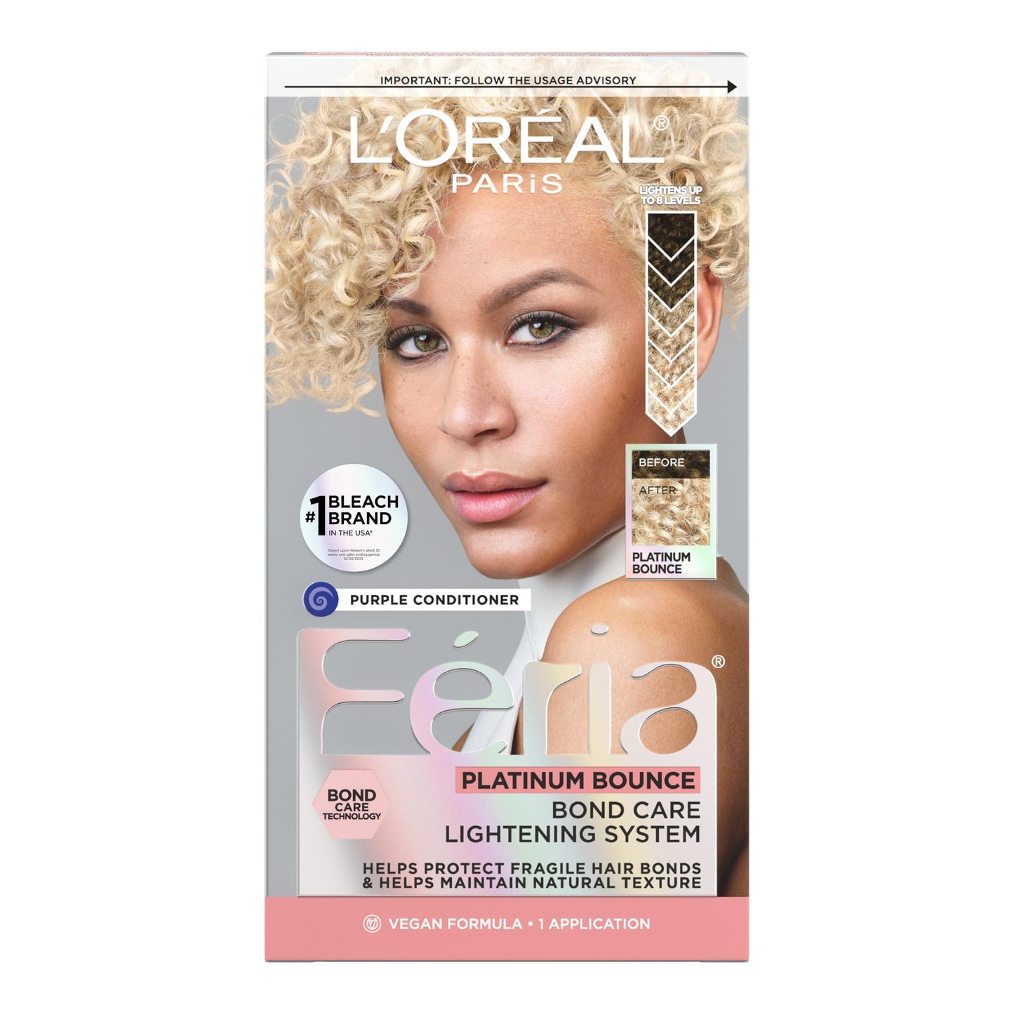 L'Oreal Paris Feria Platinum Bounce Bond Care Lightening System, Lifts Up To 8 Levels, Includes Anti Brass Purple Conditioner, P
