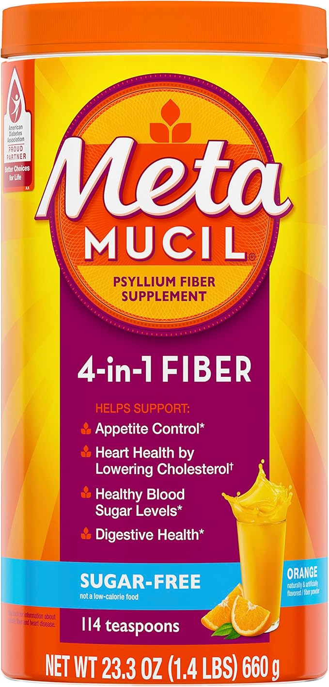 Metamucil 4 in 1 Daily Fiber Supplement Powder, Fiber Powder for Digestive Health and Regularity*, Sugar-Free, Orange, Naturally Sourced Psyllium Fiber, 114 teaspoons