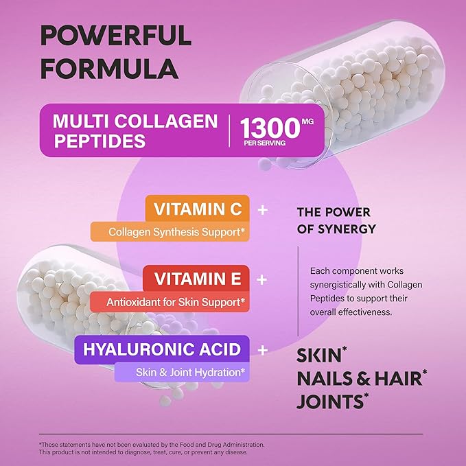 Multi Collagen Peptides - Hydrolyzed Types I, II, III, V & X - Collagen Supplement for Women 1300mg - w/ Hyaluronic Acid, Vitamins C & E - Skin, Hair, Nails & Joint Support - Made in USA, 240 Capsules