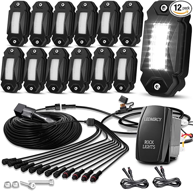 LEDMIRCY R2 Pure White Rock Lights Kit with Roker Switch Wire Harness 12PCS LED Rock Lights White for Offroad Truck ATV UTV SUV Underglow Light Trail Rig Light Under Body High Power Waterproof