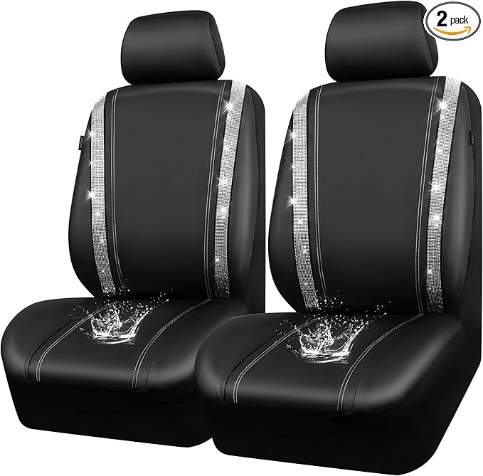 CAR PASS Leather Bling Diamond Car Seat Cover 2 Front Interior Sets, Waterproof Universal Shining Glitter Crystal Sparkle Fit for 95% Automotive Truck SUV Cute Women Girl, Black Silver Rhinestone