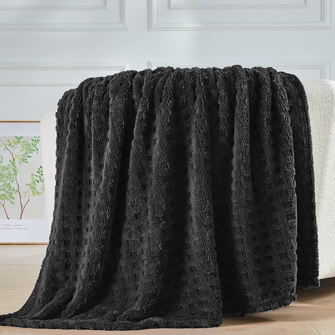 NEWCOSPLAY Super Soft Throw Blanket Black Premium Silky Flannel Fleece 3D Waffle Checkered Lightweight Bed Blanket All Season Use (Black, Throw(50"x70"))