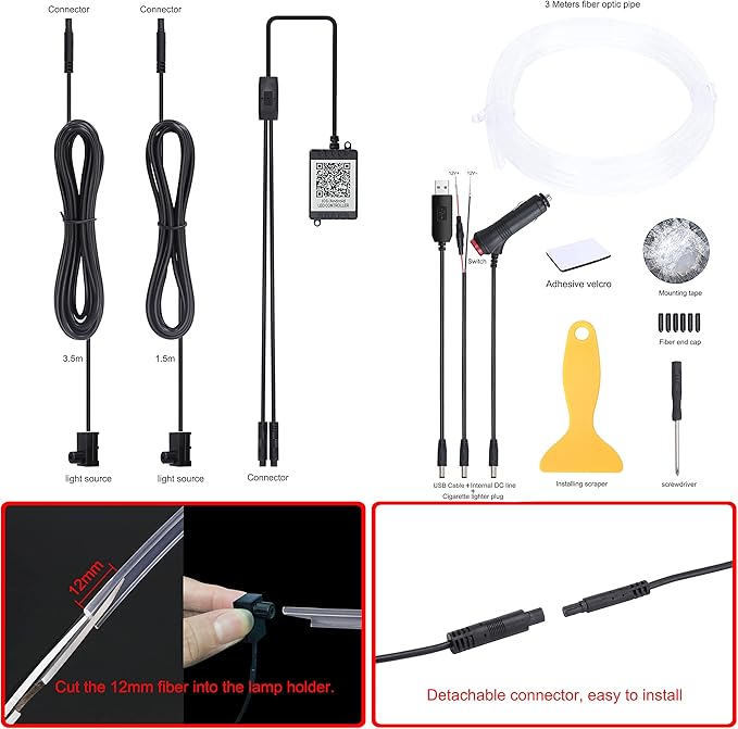 Car Atmosphere Light Kit 3m Fiber Optic RGB Multicolor Sound Active Music Sync Memory Function Bluetooth APP Control 64 Colors USB Car Interior Ambient Lighting Kit DC 12V