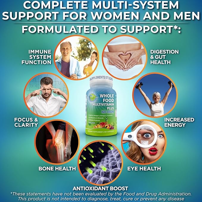 Vegan Whole Food Daily Multivitamin Without Iron, Methylated Multivitamin for Women and Men, Made with Fruits & Vegetables, B-Complex, Probiotics, Enzymes, CoQ10, Omegas, Turmeric, Non-GMO, 180 Count