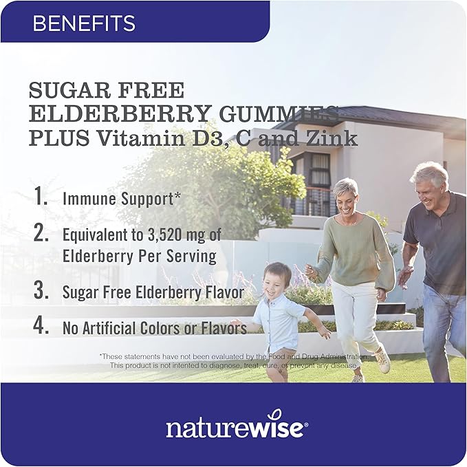 NatureWise Sambucus Elderberry Gummies - Sugar-Free - Daily Immune Support Supplement for Kids and Adults*, with Vitamin C, D3, Zinc - Vegan, Gluten Free, Non-GMO - 60 Count[1-Month Supply]
