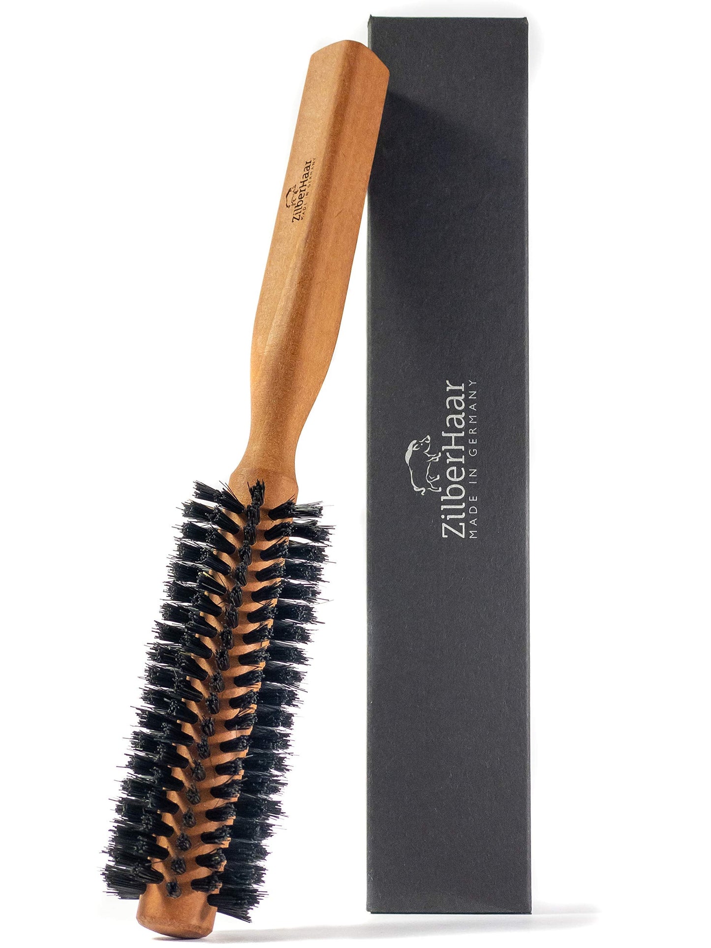 Zilberhaar - Styler Hair And Beard Brush - Round Brush, 1.3 Inch Stiff Boar Bristles And 8.5 Inch Pearwood Handle - 222 Plugs Of
