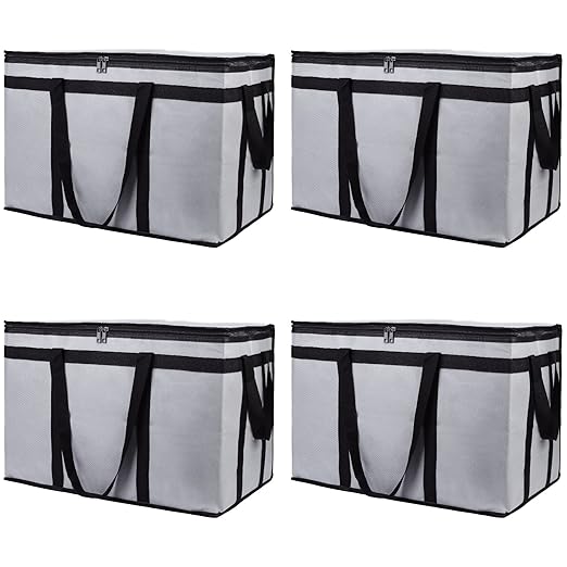 Bodaon 4-Pack Insulated Food Delivery Bag, XXX-Large Meal Grocery Tote Insulation Bag for Hot and cold Food, Commercial Cooler/Thermal Bags, Large Capacity Reusable Warming Bag, Gray