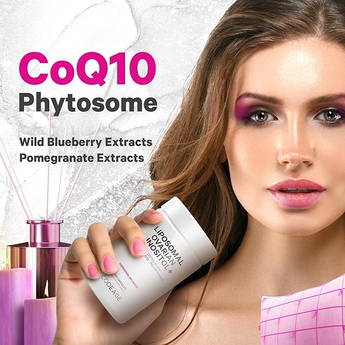 Codeage Liposomal Ovarian Inositol+ Supplement - Myo-Inositol & D-Chiro-Inositol 40:1 Blend, Folate 5-MTHF, CoQ10, Pomegranate & Wild Blueberry, Liposomal Delivery, Non-GMO, Gluten-Free - 120 Capsules