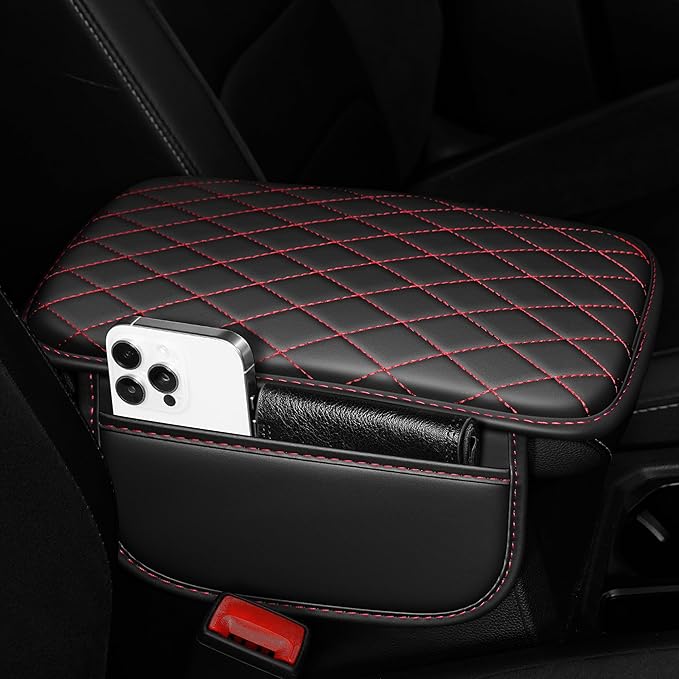 Center Console Cover for Cars Fit for Jeep Grand Cherokee Leather Armrest Covers with 2 Storage Bags(Black&Red)