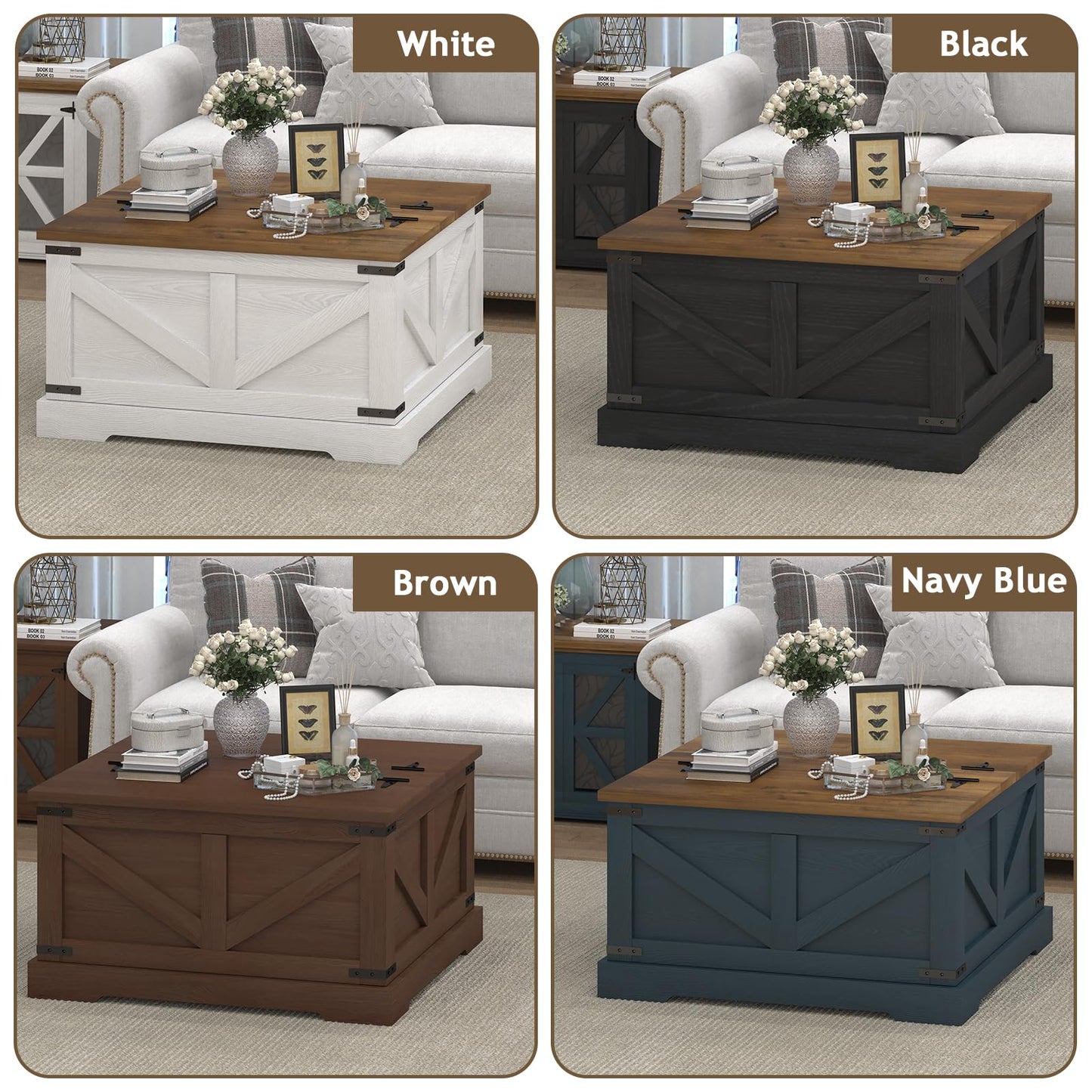 REVOMINCA Farmhouse Coffee Table with Hidden Storage Compartment, Black Square Coffee Table for Living Room, Wood Center Table with Hinged Lifting Tabletop for Home