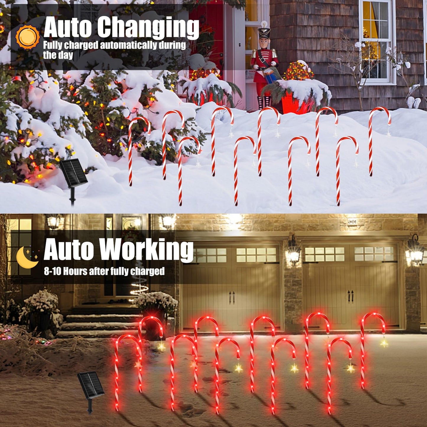 Bstge 10 Pcs Solar Christmas Candy Cane Lights with 8 Modes, Waterproof Garden Pathway Lights for Outdoor Xmas Patio Yard Walkway Decorations