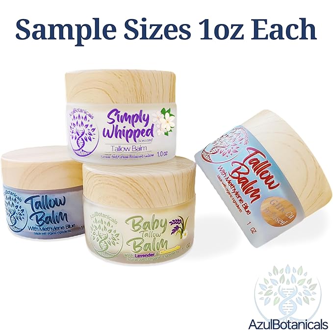 Sample 4 pack 1 oz (30g) each sample, Methylene Blue Whipped, GHK-Cu Copper and Methylene Blue Infused, Lavender Baby Tallow Balm, Simply Whipped Jasmine Tallow Balm Variety (Pack of 4)