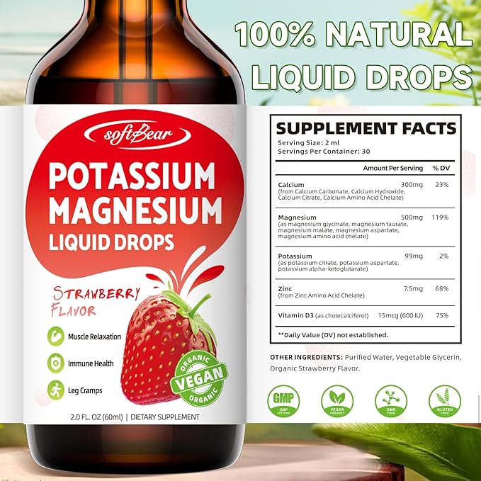 softbear Potassium Magnesium Liquid Drops, High Absorption Calcium Magnesium Potassium Liquid for Bone & Muscle Health Liquid Potassium and Magnesium Supplement Drops Strawberry Flavor 2 Fl Oz