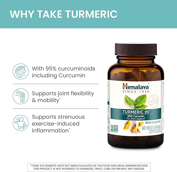 Himalaya Turmeric 95 Supplement with Curcumin/Curcuminoids, Joint and Muscle Support, Optimum Flexibility and Mobility, 600 mg, Non-GMO, Vegan, Gluten Free, 30 Capsules, 30 Day Supply