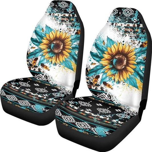 Vatenge Aztec Sunflowers Print Car Seat Cover Front Seats Only Full Set of 2, Universal Bucket High Back Car Front Seat Covers