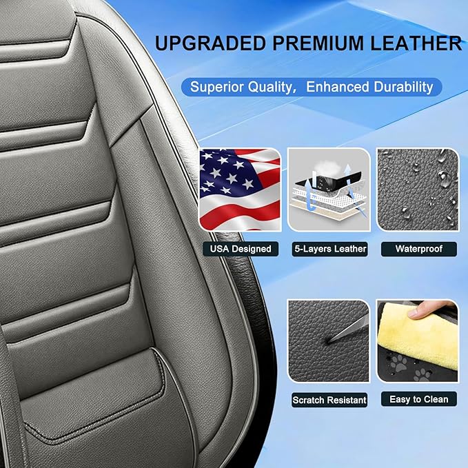 Car Seat Covers for Select Honda Fit 2007-2020, Premium Full Coverage Leather, Airbag Compatible& Scratch-Resistant, Waterproof & All Weather Breathable Seat Protector, Full Set, Black+Gray