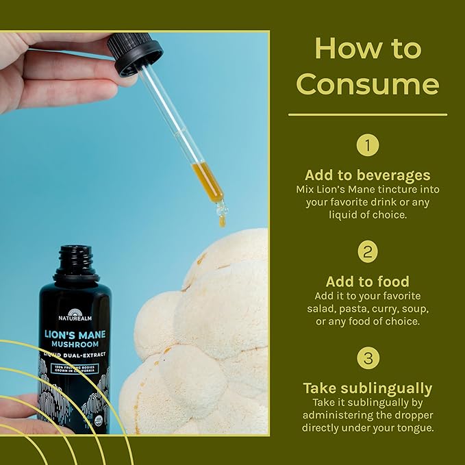 Naturealm Lion’s Mane Mushroom Liquid Tincture Supplement – Focus, Memory & Brain Health, Vegan, Non-GMO – Organic Fruiting Bodies, 1 Month Supply