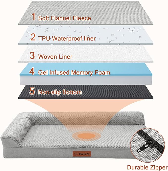 Orthopedic Dog Beds Large Sized Dog, 3 Inch Memory Foam Pet Bed for Medium and Large Dogs, Washable Removable Cover, Nonskid Bottom, Waterproof, 44x32 Inches XXL Light Grey