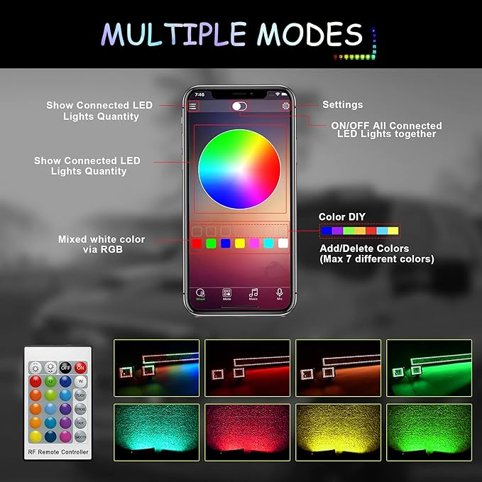 32" Curved RGB LED Light Bar 2X 4 Flood LED Pods with Chasing RGB Halo 16 Solid Colors Offroad Driving Fog Lights with Switch Wiring Harness