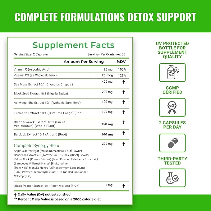 Sea Moss Supplement Blend with Black Seed Oil Ashwagandha Turmeric Bladderwrack, Burdock & Vitamin C & D3 with Elderberry Manuka Dandelion Yellow Dock Iodine