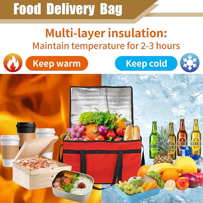 PEASUG 2Pcs Insulated Bags for Food Delivery, XXXL Pizza Delivery Bags, Large Capacity Cooler Bag Keep Food Warm for Grocery Shopping and Catering, Foldable, Heavy-Duty (Red)