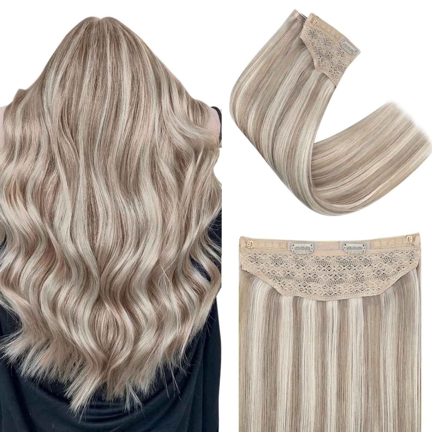 Easyouth Invisible Wire Hair Extensions Real Human Hair Highlights Hair Extensions Wire Light Brown With Platinum Blonde Smooth