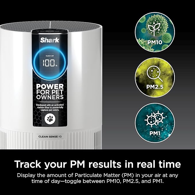 Shark Air Purifier For Home Pets, Allergies, Pet Hair, HEPA Air Filter, 500 Sq Ft, Small Room, Bedroom, Odor Eliminator Clean Sense, Captures 99.98% of Particles, Pet Dander, Fur, Allergens HP102PET