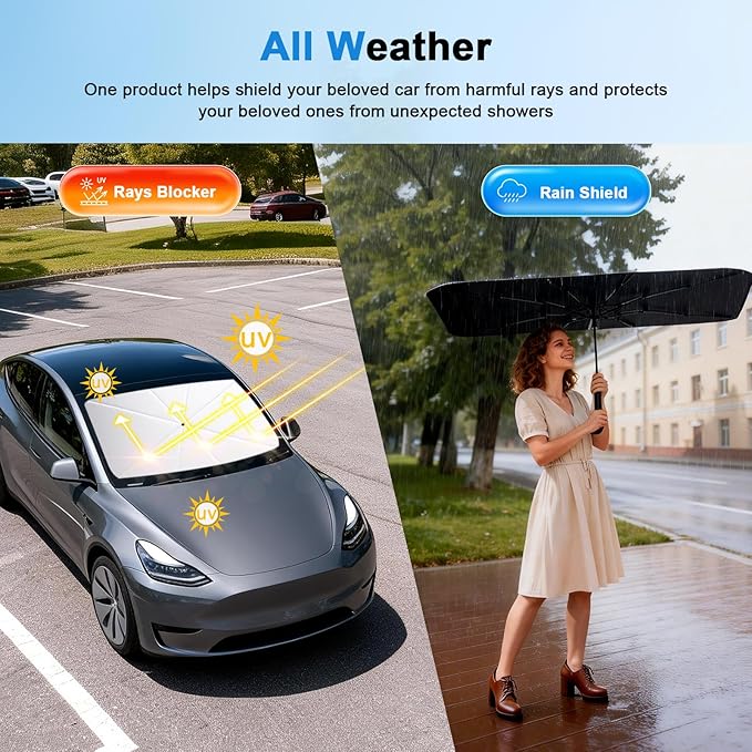 PEMOTech 2026 Upgraded Versatile Car Umbrella Windshield Sun Shade for Sedan/SUV | Keep Cool & Protect Interior | Reliable UV Blocker&Heat Shield | Car Window Shades | Large (57"x32")