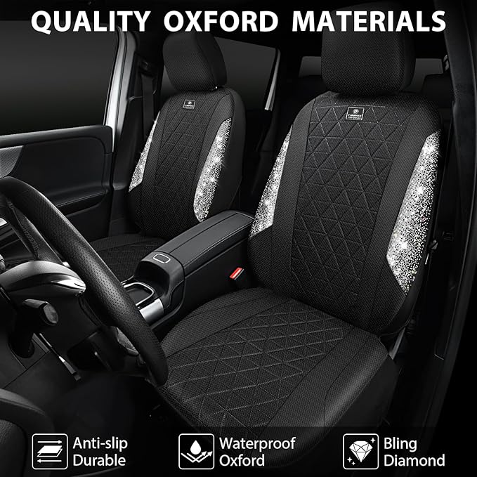 CAR PASS Oxford Bling Diamond Car Seat Covers 2 Front Interior Sets, Waterproof Shining Glitter Sparkly Crystal Universal Armrest Fit 95% Automotive Truck SUV Cute Women Girl, Black Silver Rhinestone
