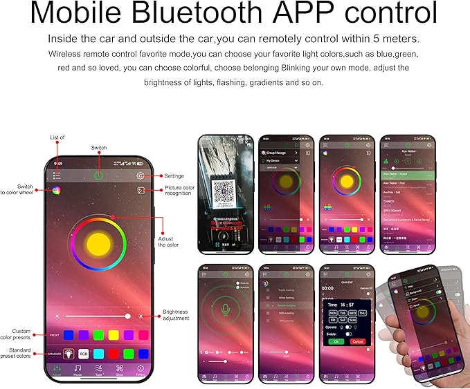 6 Meters Optic Fiber Car Ambient Footwell Lighting with Bluetooth App Control 64 Colors Multicoloured Music Interior Lighting Kit DC 12V 1W