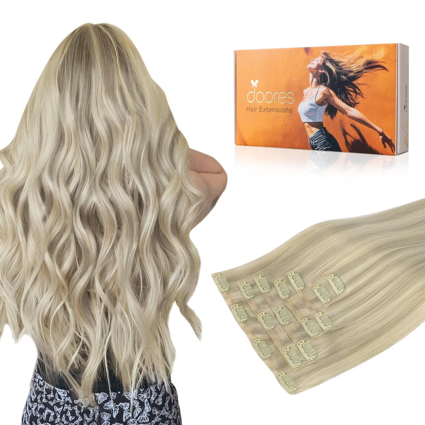 Doores Seamless Clip In Hair Extensions, Ash Blonde Highlighted Platinum Blonde 110G 7Pcs 20 Inch, Hair Extensions Clip Ins Seam