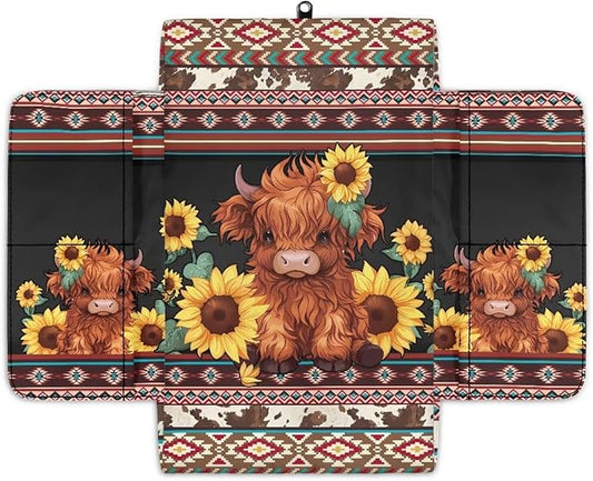 Wanyint Aztec Highland Cow Sunflower Center Console Cover Non-Slip Armrest Box Pad with 4 Storage Bags Comfortable Arm Rest Pad Middle Console Cushion Protector Auto Interior Accessories