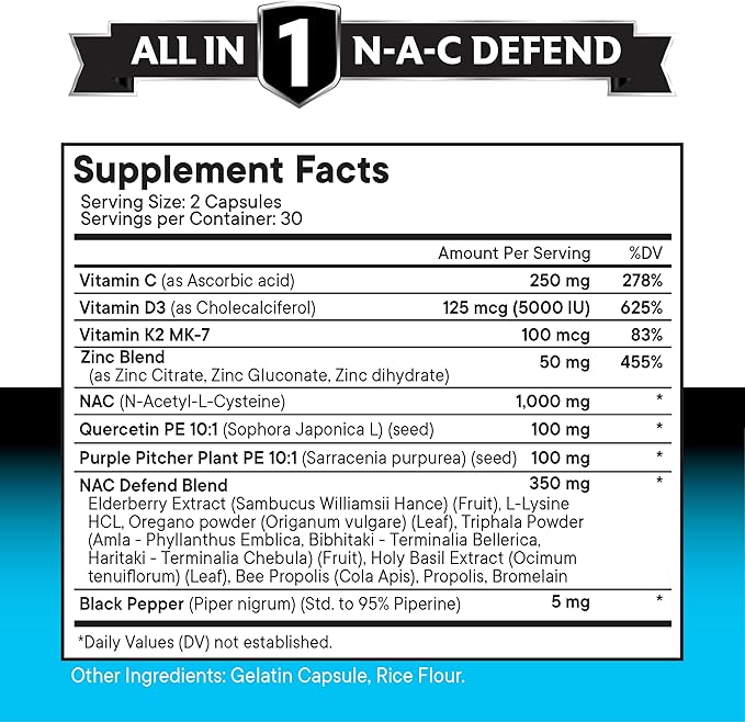 NEW AGE NAC Supplement N-Acetyl Cysteine- with Vitamin D3, K2, Zinc, Quercetin, Triphala, Sarracenia Purpurea, Elderberry, Holy Basil, Bee Propolis, Bromelain, L-Lysine - 120 Count