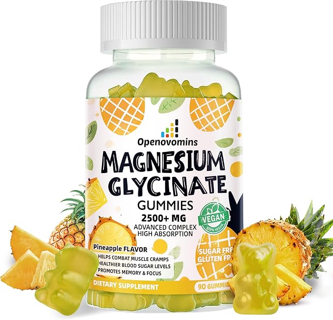 Magnesium Glycinate Gummies 2500mg - Sugar Free Magnesium Potassium Supplement with Vitamin D, B6, CoQ10 for Calm Mood & Sleep Support - 90 Pineapple Gummies