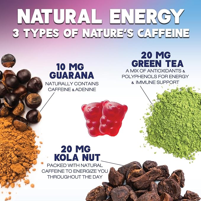 Energy Gummies Vitamin B12 1000 mcg, Green Tea Natural Caffeine Support, Extra Strength Daily Energy Vitamins, Delicious Berry Flavor Gluten Free Chewable Supplement for Cycling & Running - 120 Chews