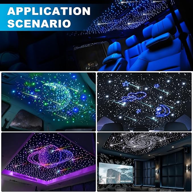 Car Starlight Headliner Kit, 4 Colors 32W Twinkle & Meteor Fiber Optic Ceiling Lights, 2 in 1 Light Engine 500pcs*0.03in*13.1ft+240 RGBW Shooting Stars Lights for Car Roof Décor