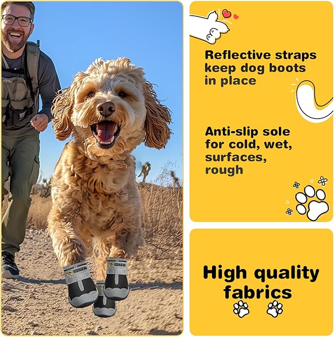 Hcpet Dog Shoes for Large Dogs, Waterproof Dog Booties for Small Medium Dogs, Anti-Slip Dog Boots & Paw Protectors for Hot Pavement Winter Snow Hiking with Reflective Straps Black Size 3