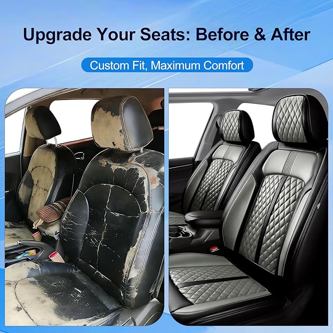 Fit Cruze Car Seat Covers for Select Chevrolet/Chevy Cruze 2011-2019, Premium Full Coverage Leather, Airbag Compatible, Waterproof All Weather Seat Cushion Protector, Full Set, Black+Gray