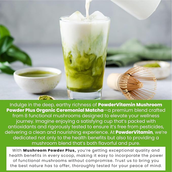 Organic Mushroom Matcha Powder Certified Pesticide-Free Grass-Fed Collagen Types I & III, 8 Fruiting Body Mushrooms Tested for Beta-Glucans Focus Digestion & Immunity 15 Servings
